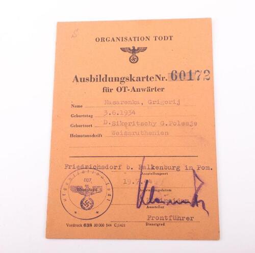 Third Reich Organisation Todt Ausbildungskarte