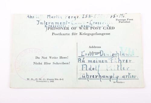 Interesting Prisoner of War Post Card Sent to Adolf Hitler from an American Prisoner of War Camp