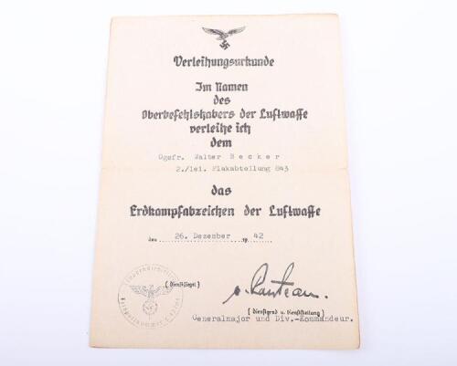 WW2 German Award Citation for the Luftwaffe Ground Assault Badge (Erdkampfabzeichen der Luftwaffe)