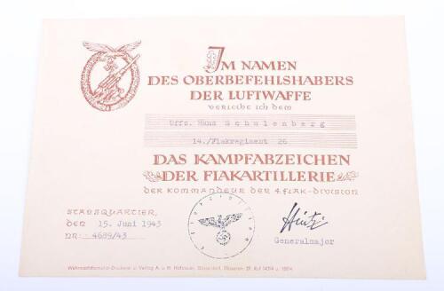 WW2 German Award Citation for the Luftwaffe Flak Badge