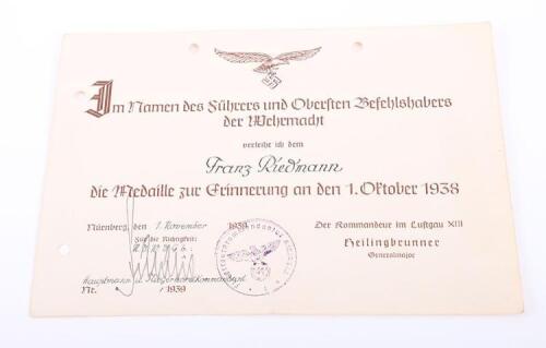 WW2 German Luftwaffe Award Citation for the 1st October 1938 Medal