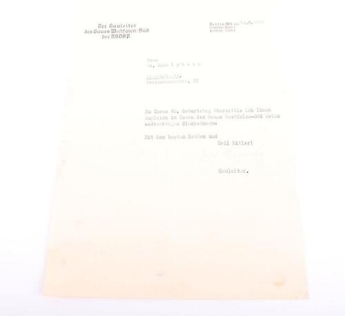 Third Reich Gauleiter Josef Wagner Signed Document / Letter, Hung by the Gestapo in 1945 for Involvement in the 20th July Bomb Plot to Assassinate Adolf Hitler