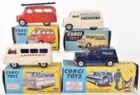 Four Boxed Corgi Toys Emergency Models, 412 Bedford “Utilecon “ Ambulance, cream body, 423 Bedford “Utilecon” Fire Tender”, red body, flat spun wheels ‘Fire Dept” 448 B.M.C. Mini Police Van, (missing dog handler & tracker dog, inner card plinth and on