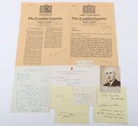Victoria Cross World War II signatures on letters, cards, clipped documents copied London Gazette citations.