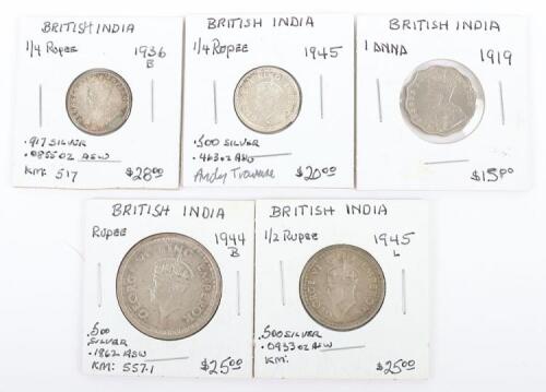 British India, George V, 1 Anna 1919, _ Rupee, 1936B, George VI, One Rupee, 1944B, Half Rupee 1945L, Quarter Rupee 1945