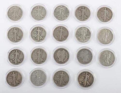 Selection of USA Half Dollars, 1907S, 1908D, 1928S, 1929D, 1933S, 1934D, 1935, 1936D, 1937, 1938, 1939, 1940, 1941D, 1942, 1944, 1945S, 1945, 1946, 1947D