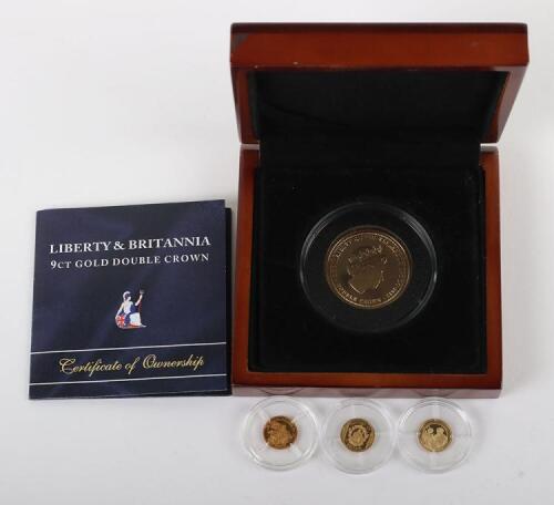 A 9ct gold Crown Liberty & Britannia (4g) with 3x 1.5g 15ct gold coins
