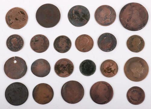 A good selection of copper coinage including 1783 Washington Independence, Charles I 1673 Farthing, William & Mary Halfpenny