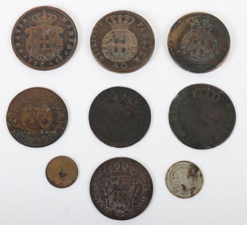 A selection of 18th and 19th century Portuguese coins, including 1820 and 1822 40 Reis, 1763 10 Reis, 1849 20 Reis