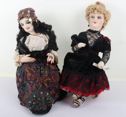 Two character dolls by Rosemary Bradshaw of a ÔCynthia PayneÕ whorehouse madam with Ôluncheon voucherÕ on chair, with a Gypsy fortune teller doll on chair