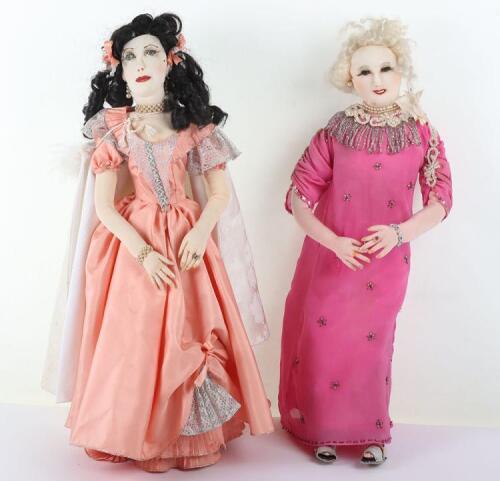 Two character dolls by Rosemary Bradshaw of Barbara Cartland in pin dress and pearls with a doll of Scarlett OÕHara from Gone With The Wind