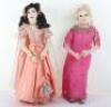 Two character dolls by Rosemary Bradshaw of Barbara Cartland in pin dress and pearls with a doll of Scarlett OÕHara from Gone With The Wind