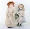 Two character dolls by Rosemary Bradshaw of an Edwardian lady in straw hat, with a Victorian child doll with ÔTeddy BearÕ book in basket