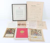 Mixed lot of ephemera and documents including a Queen Elizabeth II signed letter on Buckingham Palace paper (framed and glazed), another Elizabeth II signed letter to accompany a banner presentation to the Royal Observer Corps