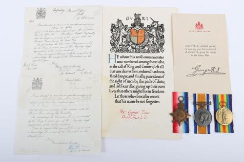 Great War 1914-15 Star Medal Trio and Ephemera to a Private in the Durham Light Infantry Who Was Reported Missing Whilst on a Carrying Party in October 1917