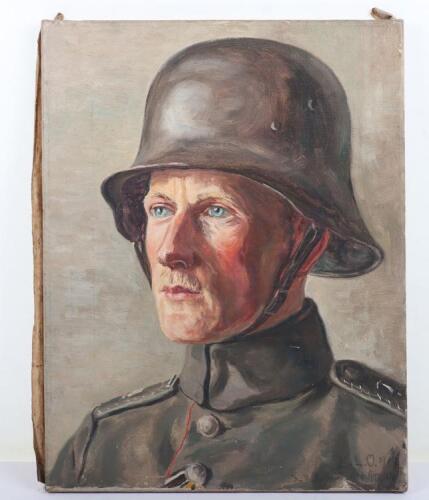 Oil on Canvas Painting of a WW1 German Officer Wearing Steel Helmet