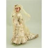 Poured wax shoulder head bride doll under glass dome, English circa 1860,