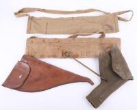 Australian Spare Ammunition Bandolier, fine khaki cloth spare ammunition bandolier with ink issue stamps and clear date 1945; Another course khaki twill spare ammunition bandolier; British 1937 pattern webbing holster with cleaning rod and another brown l