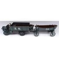 Toy Army Workshop Royal Navy Peerless open Boat Lorry and Trailer with two boats and army Driver (Condition Excellent, one corner strut broken) (5)