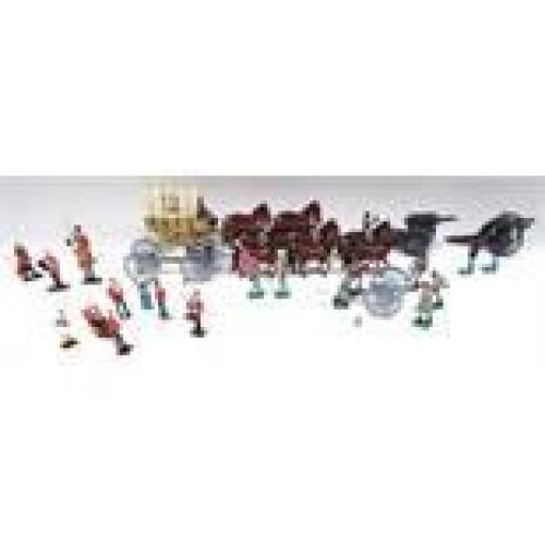 Britains Toy Soldiers American Civil War sets 8870, Confederate Supply Wagon, 8874, Confederate Artillery Gun Team, and sets 8876, 8879 and 8882, with a damaged gun 1201, another artillery piece, a group of Officers in mess dress with attendants, and four