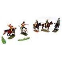 Mounted 54mm figures two North American Indians and three Colonial Cavalry, with two logs (Condition Excellent) (7)