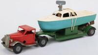 Tri-ang Minic Mechanical Lorry and Trailer carrying 6” Penguin Cruiser Boat