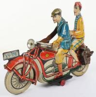 A rare and large George Levy Gely tinplate clockwork Motorbike with Lady pillion passenger, German 1930