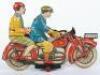 A rare and large George Levy Gely tinplate clockwork Motorbike with Lady pillion passenger, German 1930 - 3