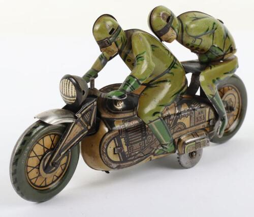 CKO Kellerman 353 tinplate clockwork Motorbike with racing driver and leaning passenger, U.S zone Germany circa 1950