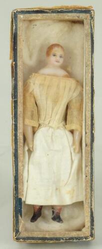 Early poured wax miniature/dolls house shoulder head doll, English early 19th century,