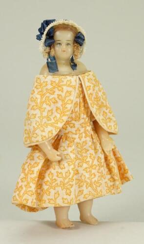 Early poured wax miniature/dolls house shoulder head doll, English early 19th century,