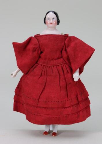 A miniature glazed china shoulder head doll on jointed wooden body, German mid 19th century,