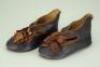 Pair of size 15 brown leather Bebe Jumeau doll shoes with Bee mark,