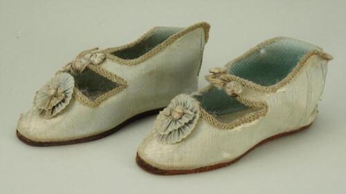 Pair of pale blue silk French Bebe doll shoes, w