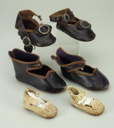 Three pairs of French Bebe doll shoes,