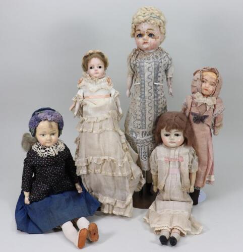 Five dolls including a wax over composition ‘Pumpkin’ head, German circa 1870,