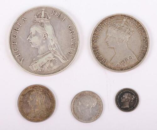 Victoria, (1837-1901), 1889 Double Florin, 1872 Florin, 1887 Sixpence, and threepence 1877 and 1839 Three-Halfpence