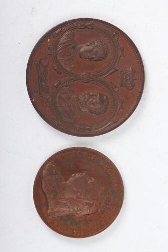 Two Copper commemorative medallions, Victoria 1837-1897 and Prince George Duke of York marriage to Princess Victoria Mary of Teck 1893