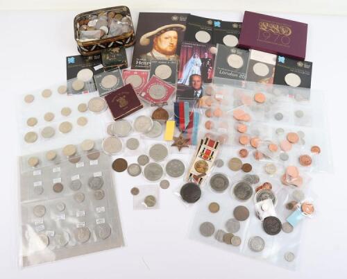 A mixed selection of coins including Cartwheel twopenny, 1918 One Rupee