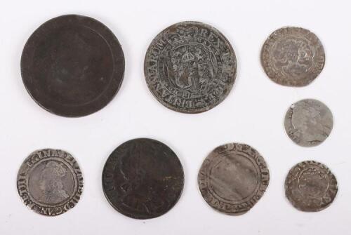 Mixed lot of hammered and milled coisn including Elizabeth I Sixpences, John Penny, Edward groat, William and Mary Threepence (drilled)