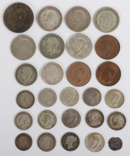 A group of coins including, John Penny, 1932 Florin, 1936 Halfcrown, 1937 Crown