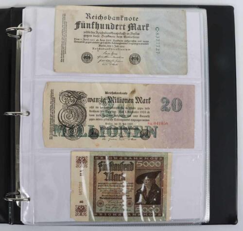 A folder of mostly German banknotes, including 1908 Reichsbanknote, 1910 1000 Reichsbanknote