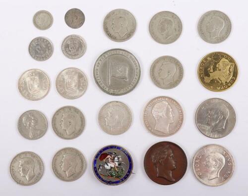 A mixed lot of coins, including 1820 enamelled Crown, Napoleon 1812 Medal, 1949 proof Five Shillings South Africa, 1921 Halfcrown