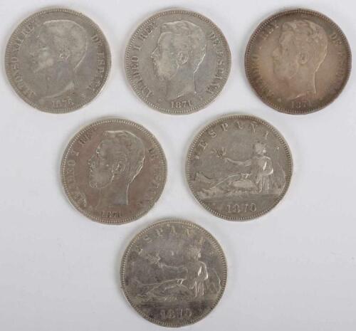 Spain, six 5 Pesetas coins, 2x1870, 3x1871 and 1876