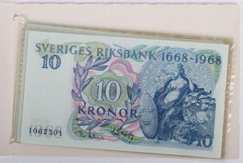 Sweden, Banknotes, 10 Kronor, 1668-1968, sequential serial numbers 1062501-1062505 (all UNC)