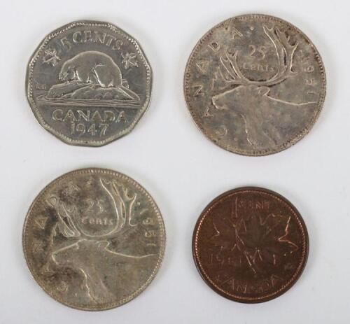 Four Canada prooflike coins, 2x1951 25 Cents, 1947 5 Cents and 1961 1 Cent