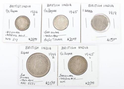 British India, George V, 1 Anna 1919, _ Rupee, 1936B, George VI, One Rupee, 1944B, Half Rupee 1945L, Quarter Rupee 1945