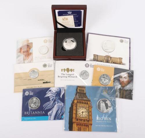 Various Royal Mint silver (.999) coins including 2015 Buckingham Palace and Big Ben &pound;100,
