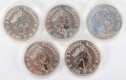 Britannia, five 1oz Silver coins, 2020, (5)