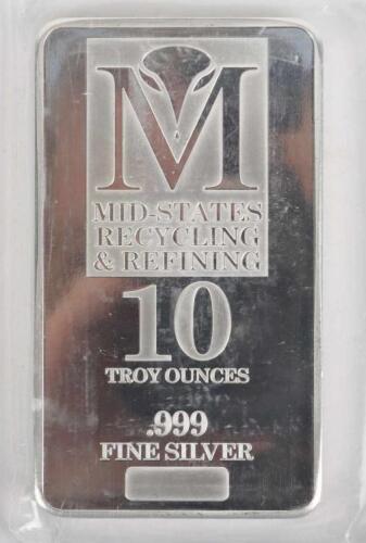 Mid-States Recycling & Refining 10 Tory Ounces .999 Fine Silver bar